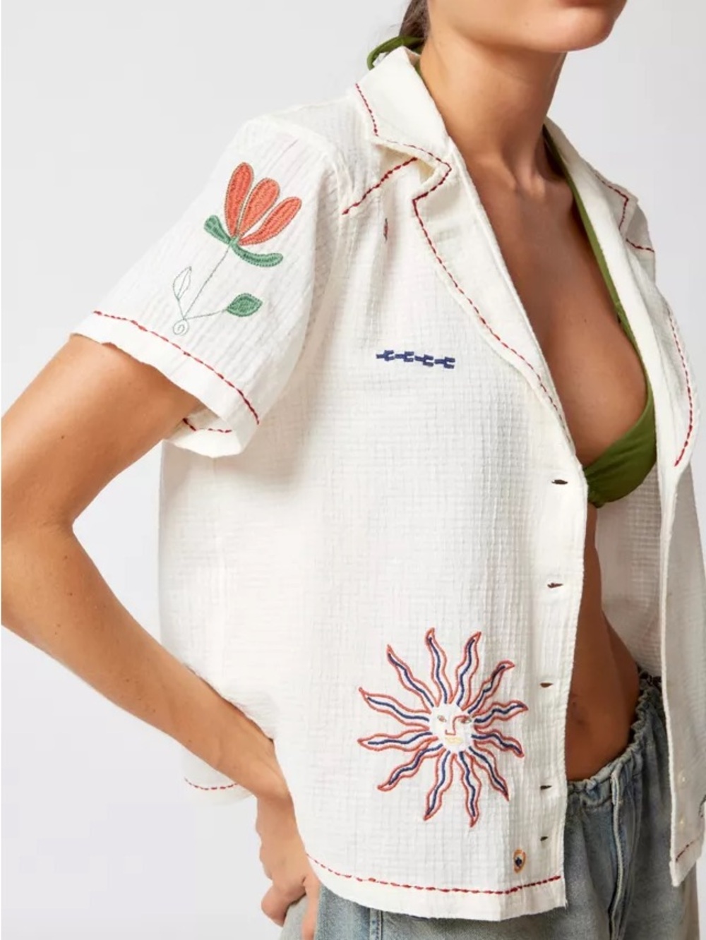 Urban Outfitters Embroided Cream Short-Sleeve Button Front Top